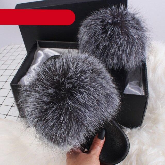 Women's Fluffy Fox Fur Slides Open Toe Comfortable House Slippers