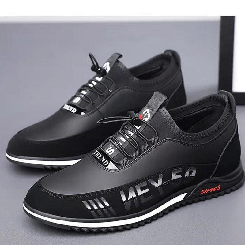 Men's Black Leather Slip-On Driving Sneakers Lightweight Shoes