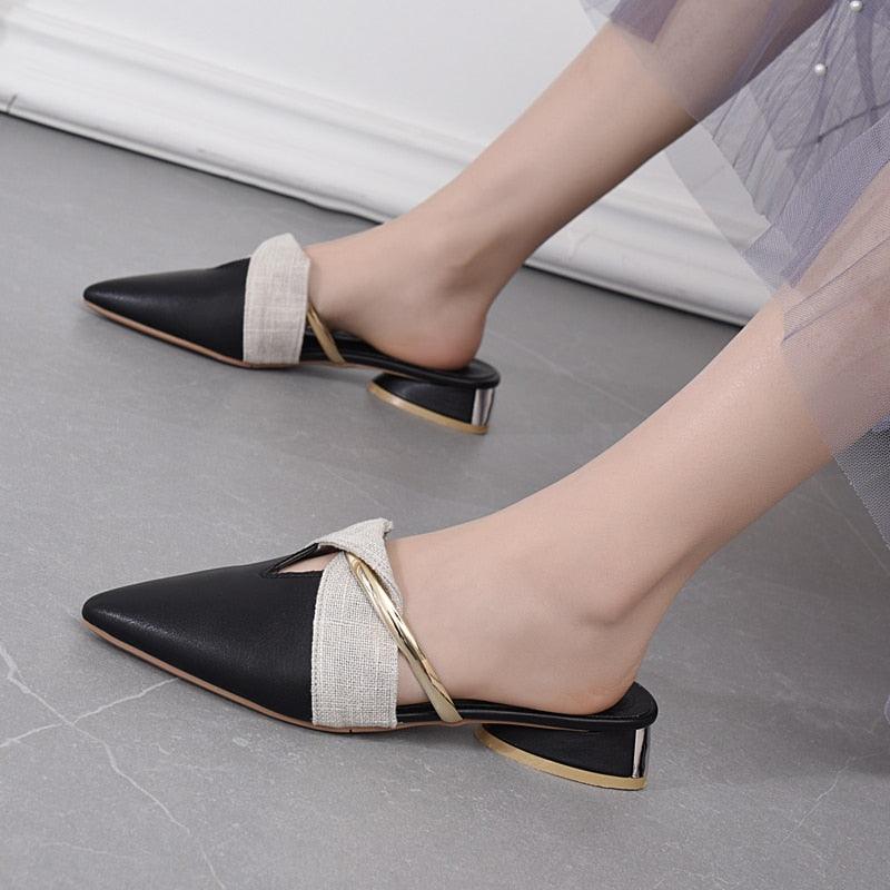 Women's Pointed-Toe Low Heel Backless Mules Slip-On Office Shoes