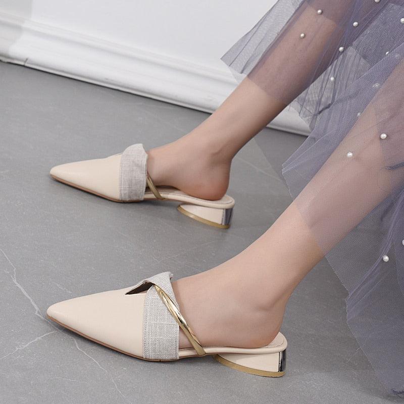 Women's Pointed-Toe Low Heel Backless Mules Slip-On Office Shoes