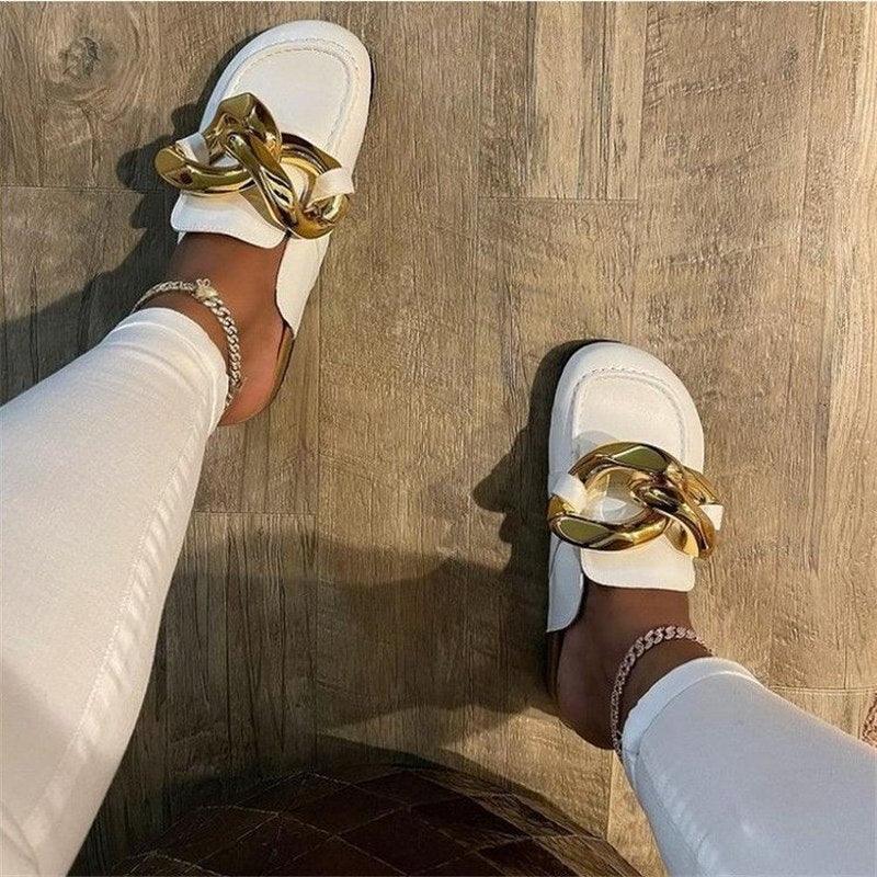 Women's Gold Chain Loafer Mules Closed Toe Flat Slip-On Shoes