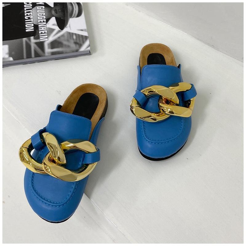 Women's slip-on microfiber loafers with elegant gold chain detail and closed round toe