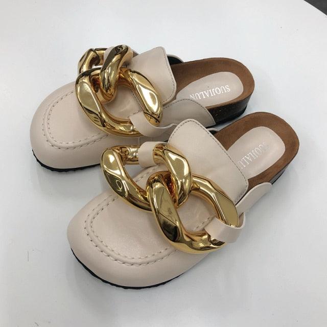 Women's Gold Chain Loafer Mules Closed Toe Flat Slip-On Shoes