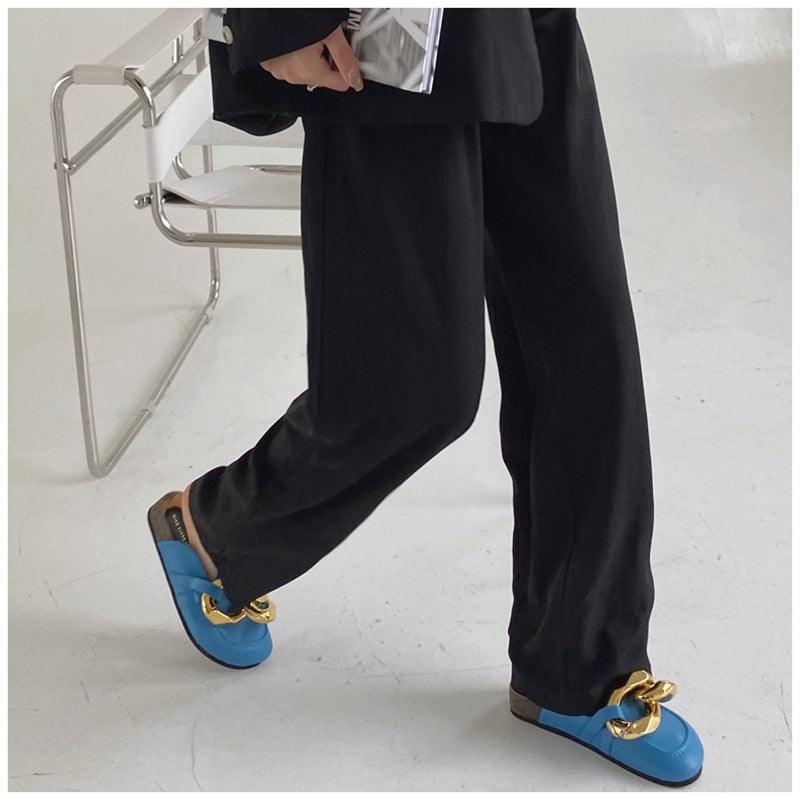 Women's Gold Chain Loafer Mules Closed Toe Flat Slip-On Shoes