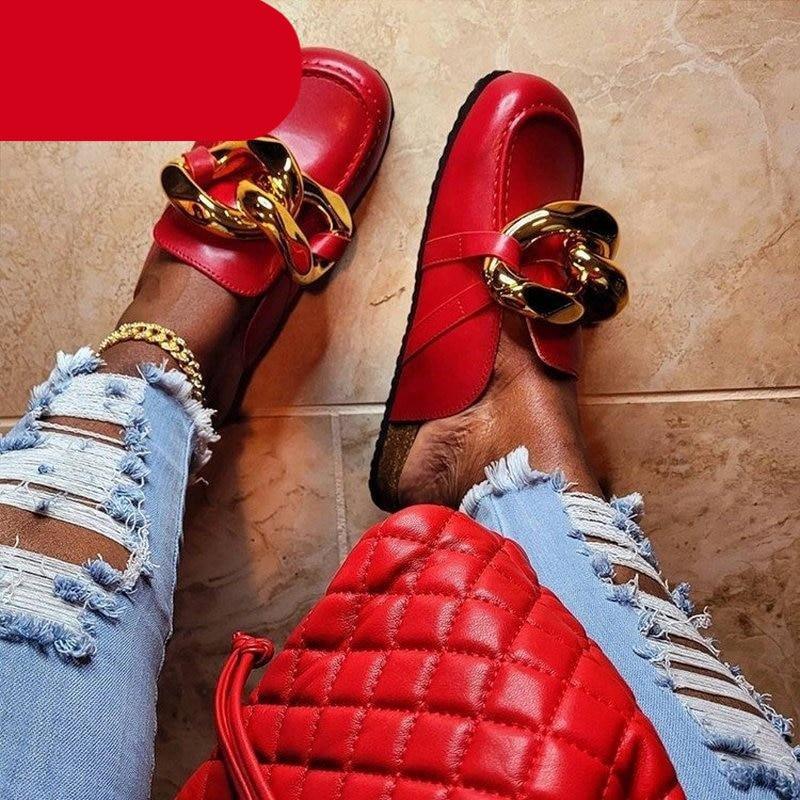 Women's Gold Chain Loafer Mules Closed Toe Flat Slip-On Shoes