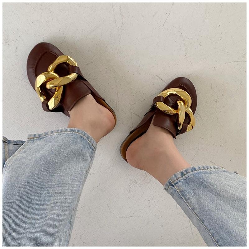 Women's Gold Chain Loafer Mules Closed Toe Flat Slip-On Shoes