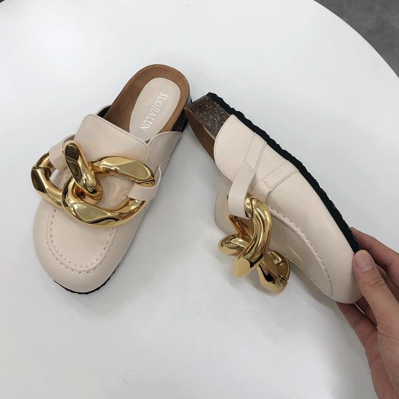 Women's Gold Chain Loafer Mules Closed Toe Flat Slip-On Shoes