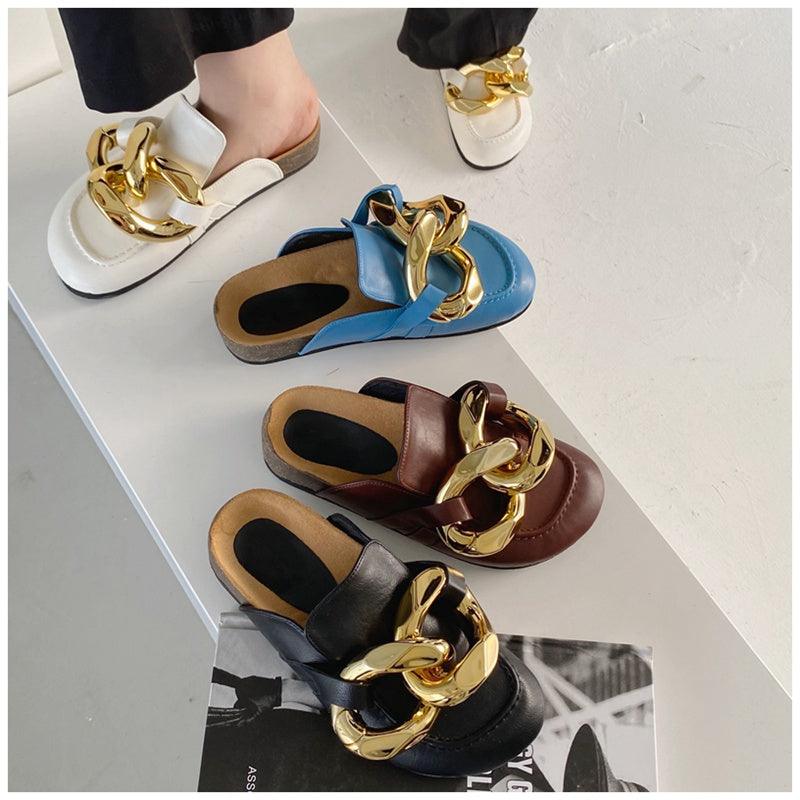 Women's Gold Chain Loafer Mules Closed Toe Flat Slip-On Shoes