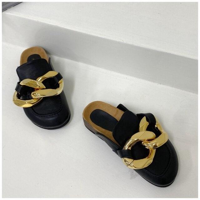 Women's Gold Chain Loafer Mules Closed Toe Flat Slip-On Shoes