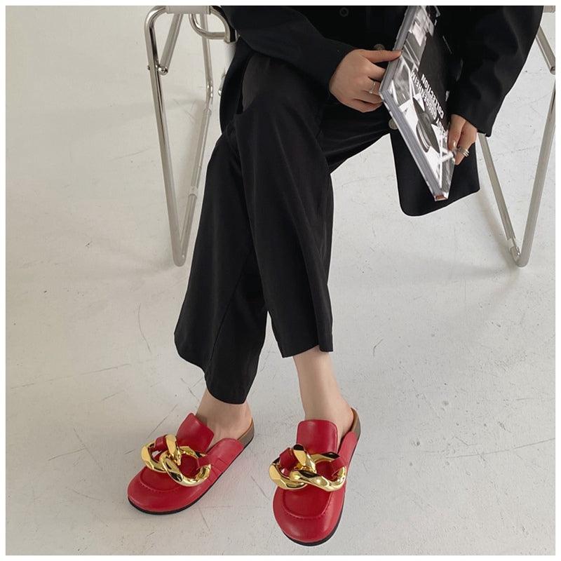 Women's Gold Chain Loafer Mules Closed Toe Flat Slip-On Shoes