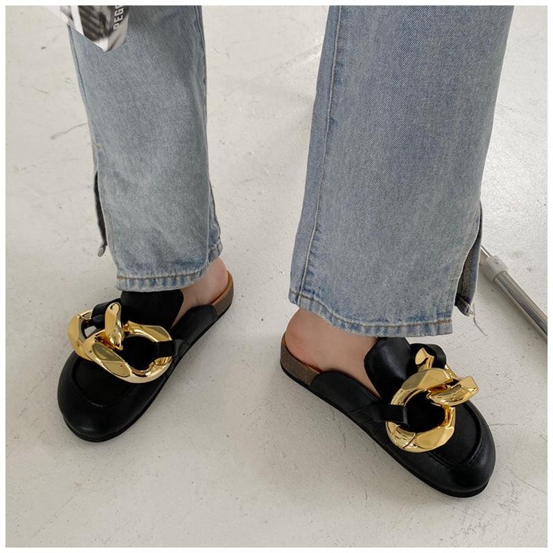Women's Gold Chain Loafer Mules Closed Toe Flat Slip-On Shoes