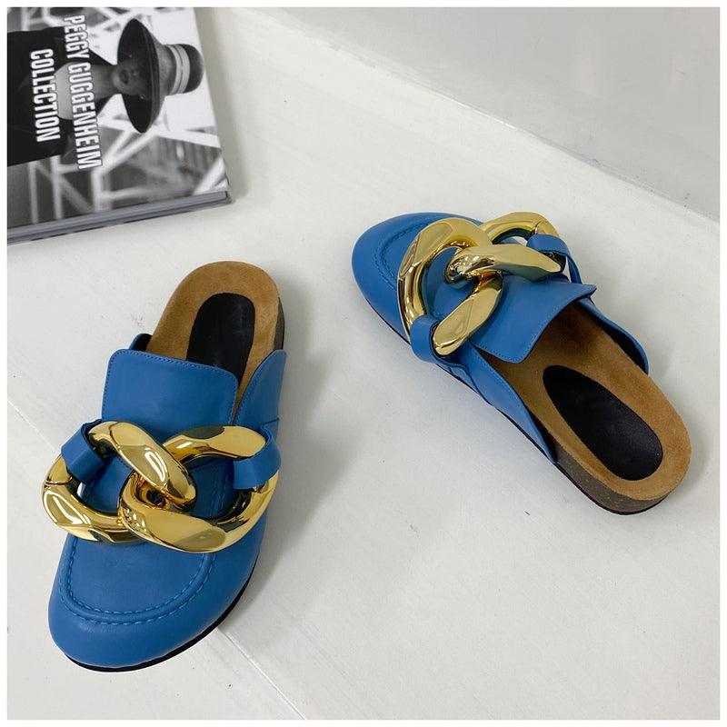 Women's Gold Chain Loafer Mules Closed Toe Flat Slip-On Shoes