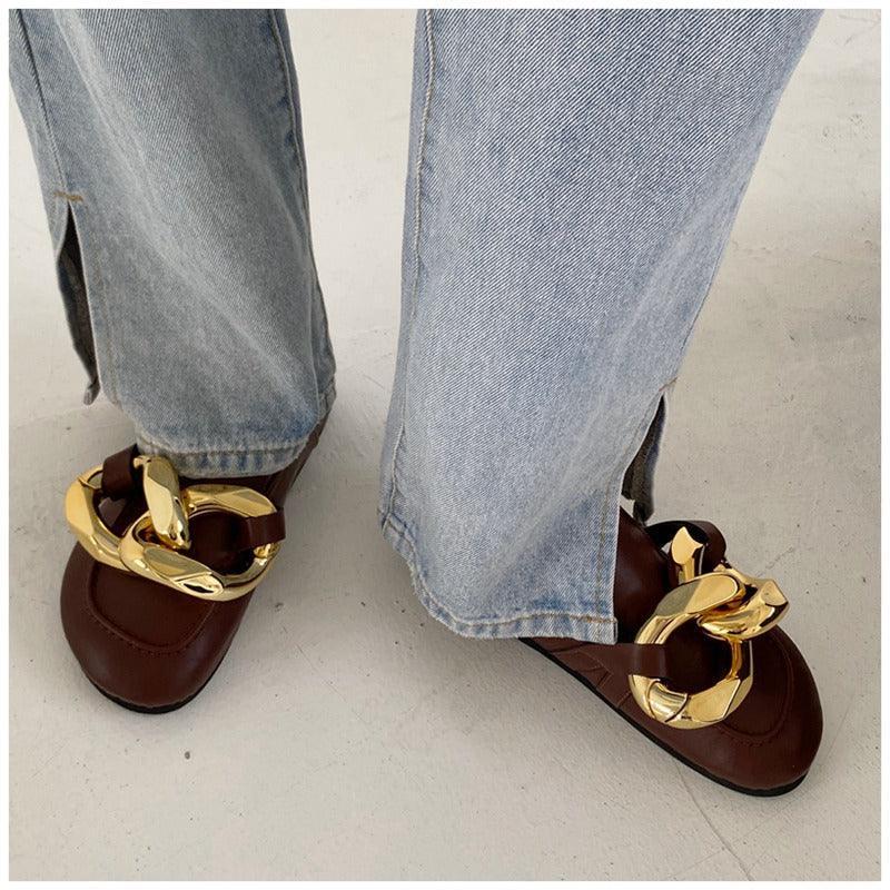 Women's Gold Chain Loafer Mules Closed Toe Flat Slip-On Shoes