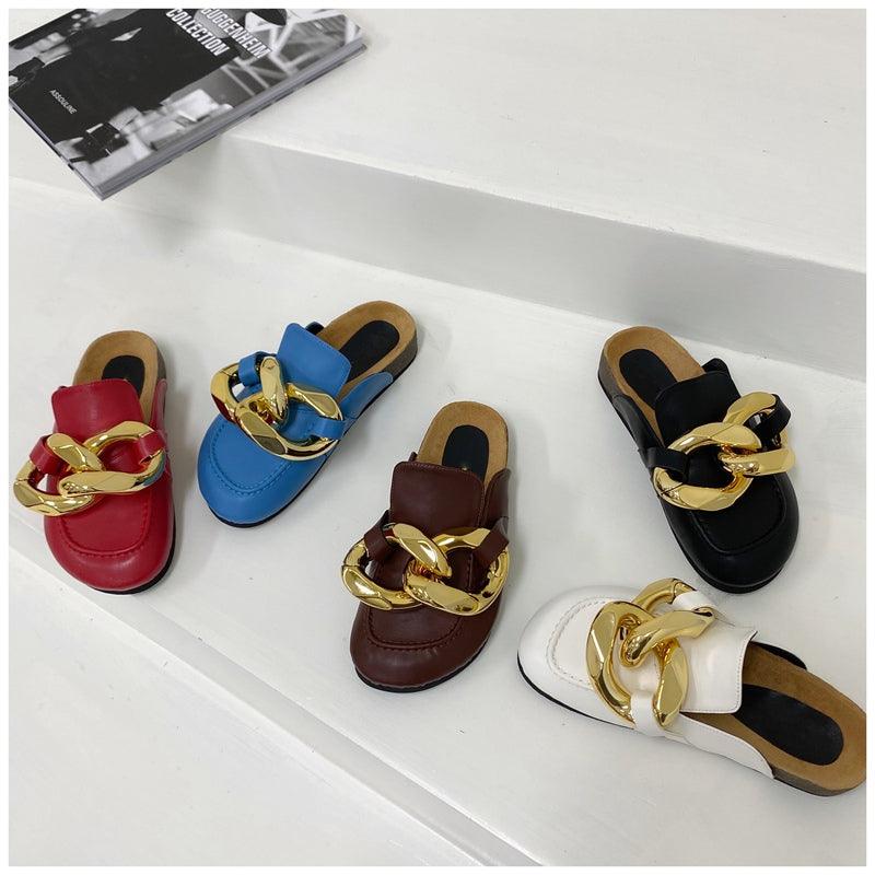 Women's Gold Chain Loafer Mules Closed Toe Flat Slip-On Shoes