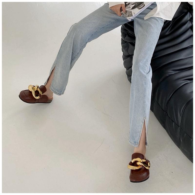 Women's Gold Chain Loafer Mules Closed Toe Flat Slip-On Shoes
