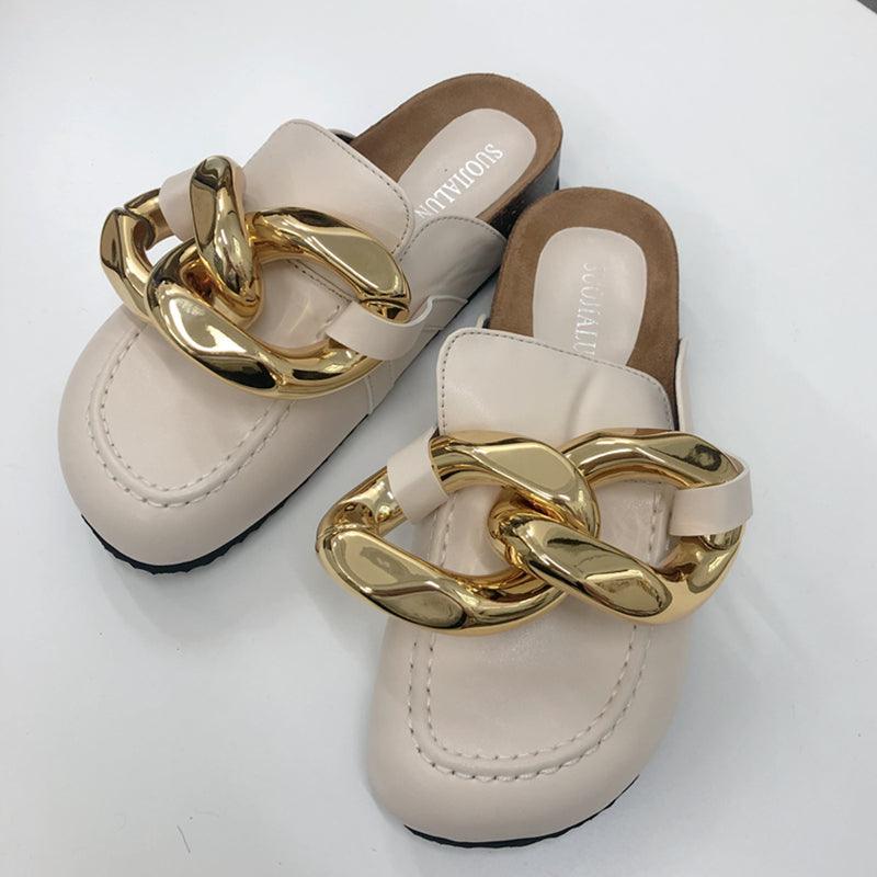 Women's Gold Chain Loafer Mules Closed Toe Flat Slip-On Shoes