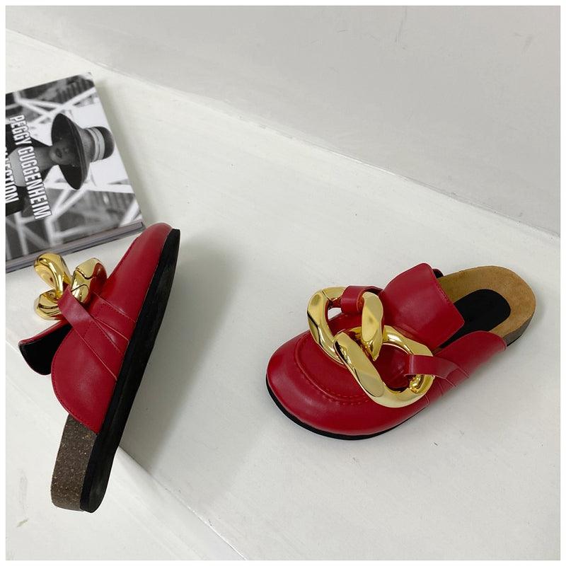 Women's Gold Chain Loafer Mules Closed Toe Flat Slip-On Shoes