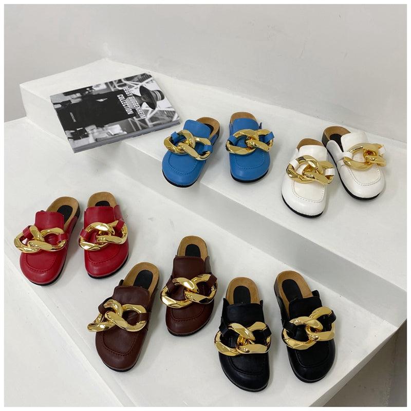 Women's Gold Chain Loafer Mules Closed Toe Flat Slip-On Shoes