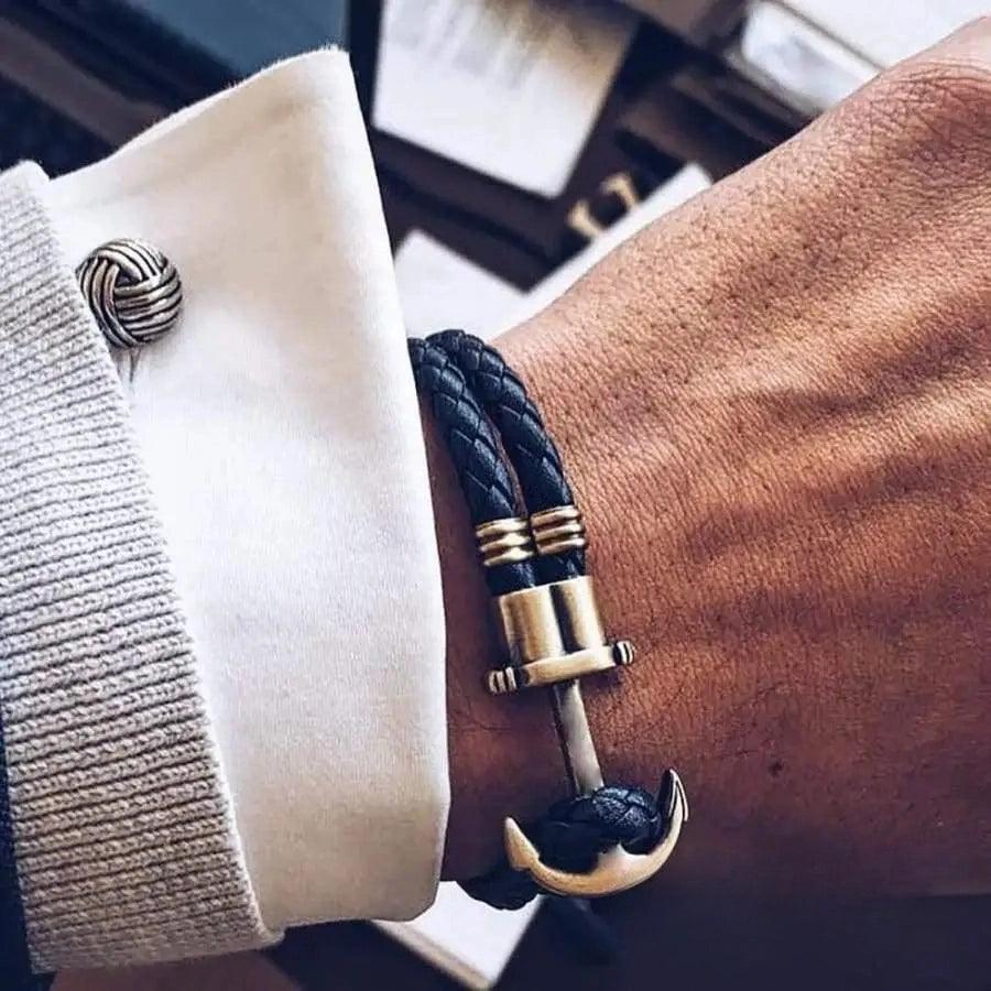 Handmade navy blue nautical anchor bracelet for men made of stainless steel and durable nylon rope
