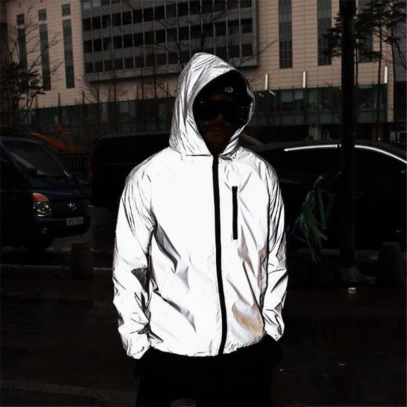 Modern hooded reflective windbreaker jacket for running and outdoor activities