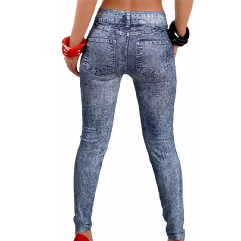 Women's Elastic Waist Stretch Denim Leggings with Functional Pockets