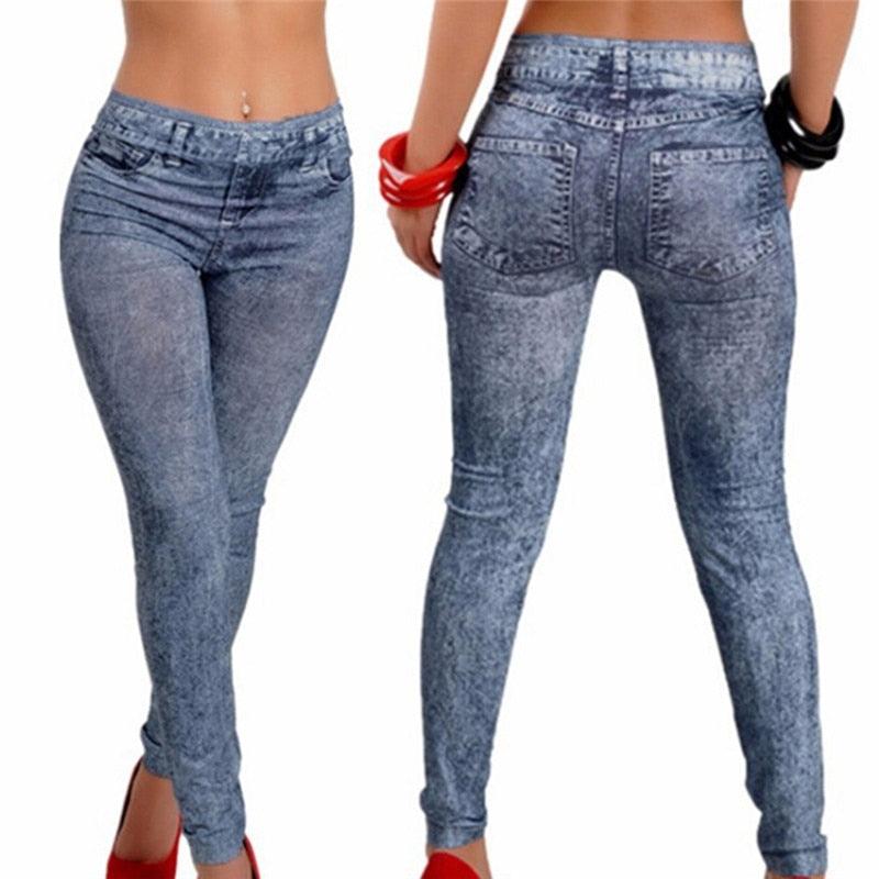 Women's stretch denim leggings with functional back pockets in a slim, flattering fit