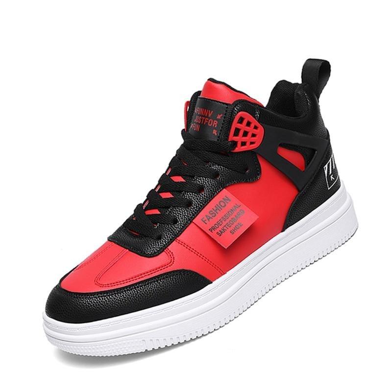 Men's leather high top platform sneakers in red, black, and white for casual streetwear style