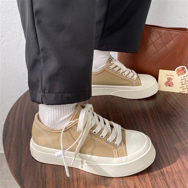 Women's White Platform Canvas Sneakers Low Top Lace-Up Trainers