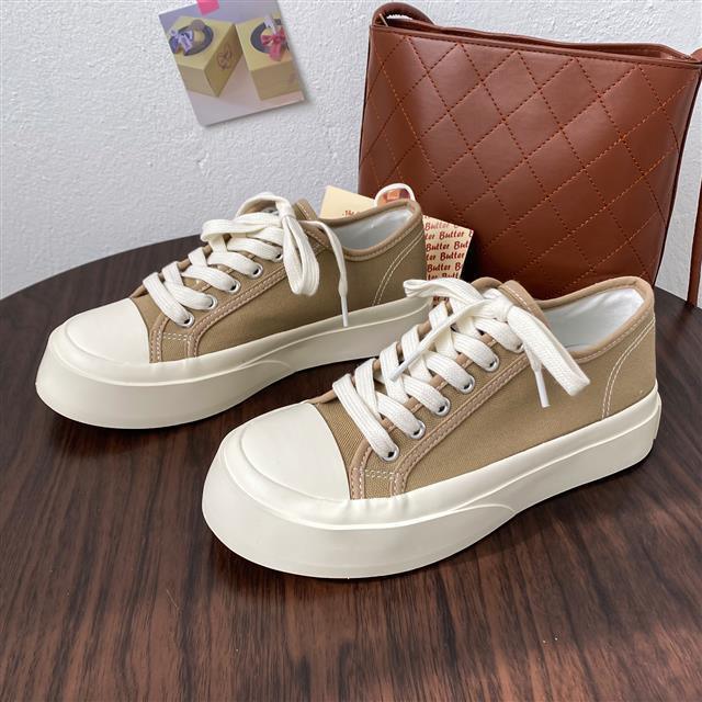 Women's White Platform Canvas Sneakers Low Top Lace-Up Trainers