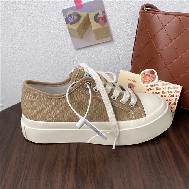 Women's White Platform Canvas Sneakers Low Top Lace-Up Trainers