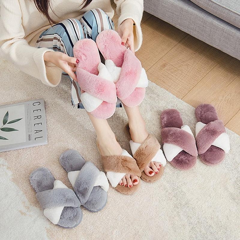 Women's Fluffy Faux Fur Open Toe Slippers, Soft Plush Indoor Slides