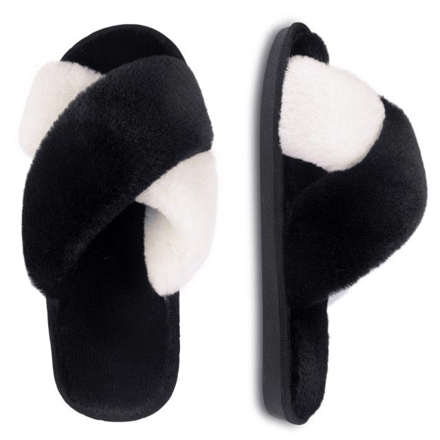 Women's Fluffy Faux Fur Open Toe Slippers, Soft Plush Indoor Slides