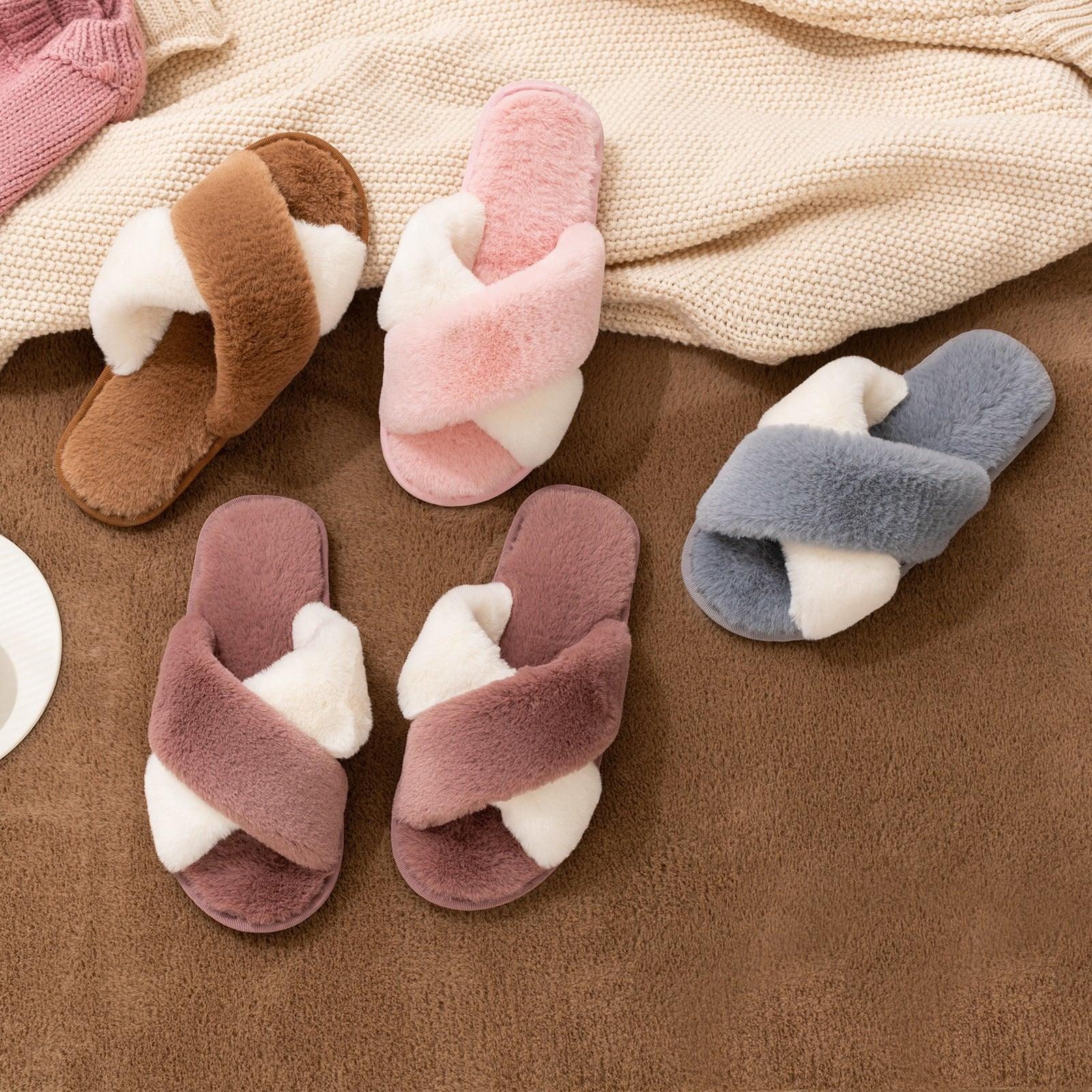 Women's Fluffy Faux Fur Open Toe Slippers, Soft Plush Indoor Slides
