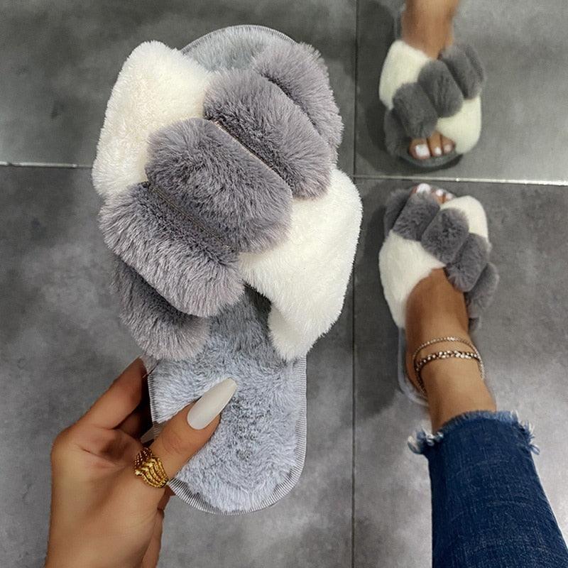 Stevvex women's fluffy faux fur cross-band slippers in an open-toe, non-slip indoor style.