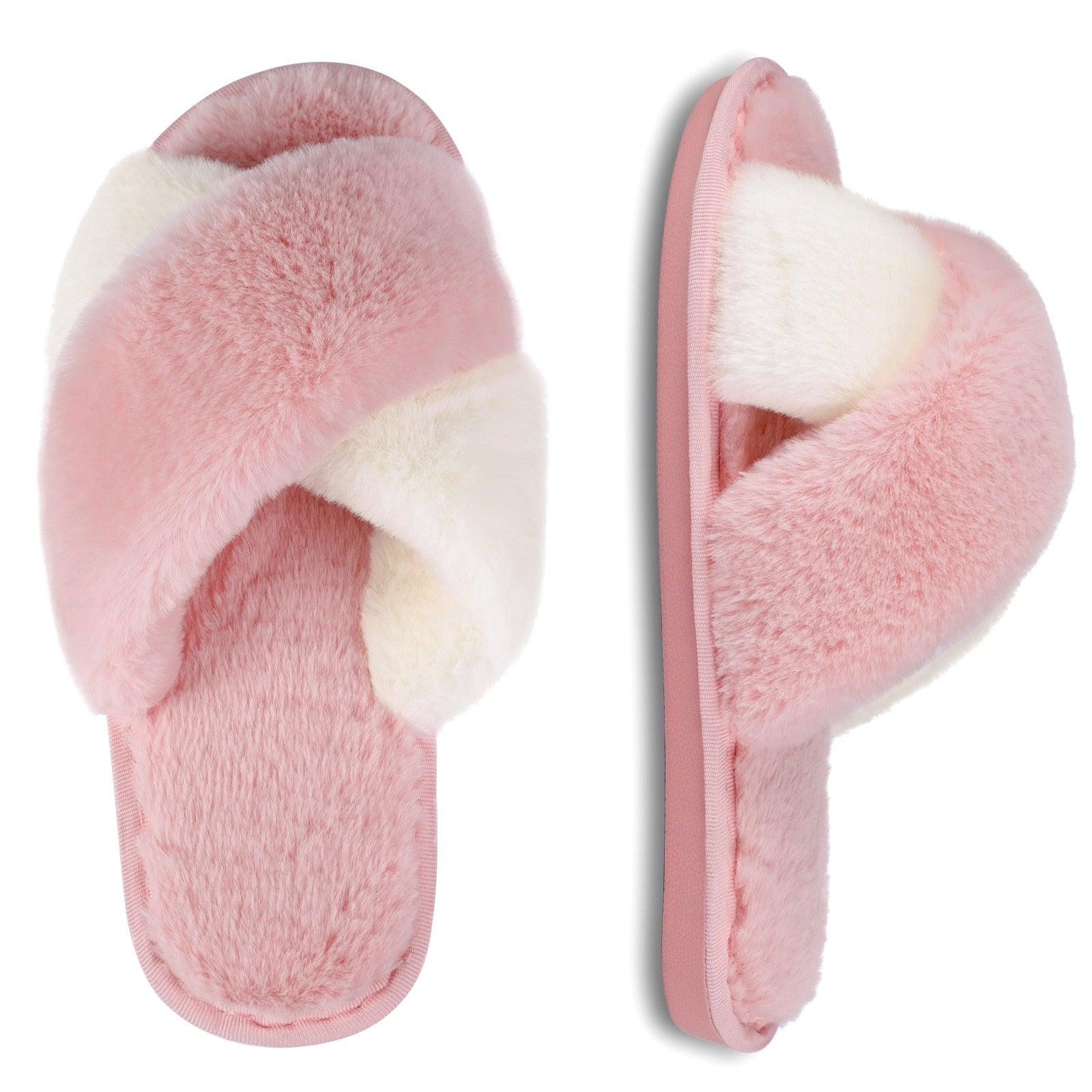 Women's Fluffy Faux Fur Open Toe Slippers, Soft Plush Indoor Slides