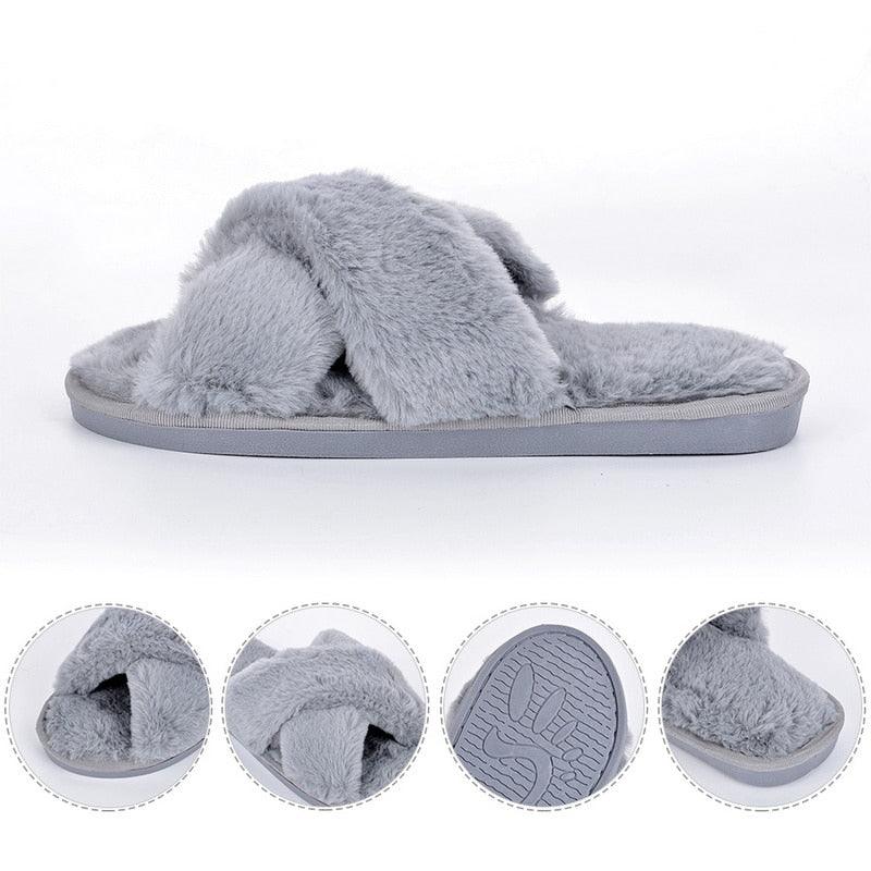 Women's Fluffy Faux Fur Open Toe Slippers, Soft Plush Indoor Slides