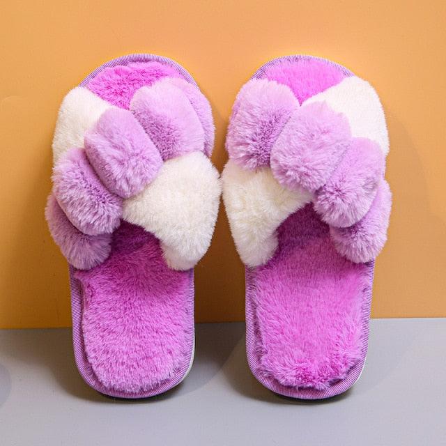 Women's Fluffy Faux Fur Open Toe Slippers, Soft Plush Indoor Slides