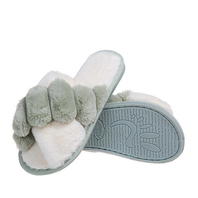 Women's Fluffy Faux Fur Open Toe Slippers, Soft Plush Indoor Slides