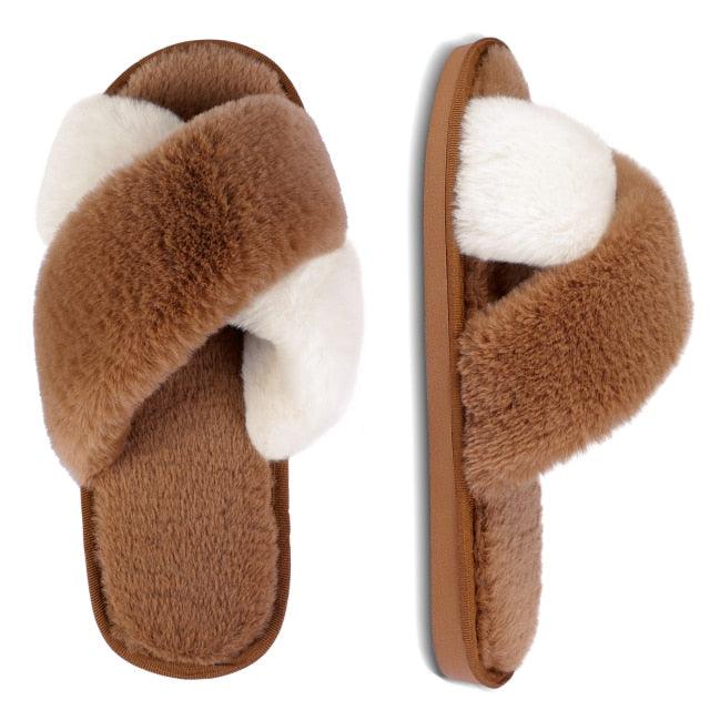 Women's Fluffy Faux Fur Open Toe Slippers, Soft Plush Indoor Slides