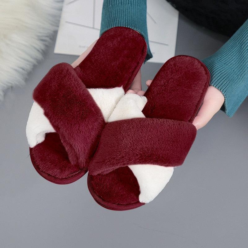 Women's Fluffy Faux Fur Open Toe Slippers, Soft Plush Indoor Slides