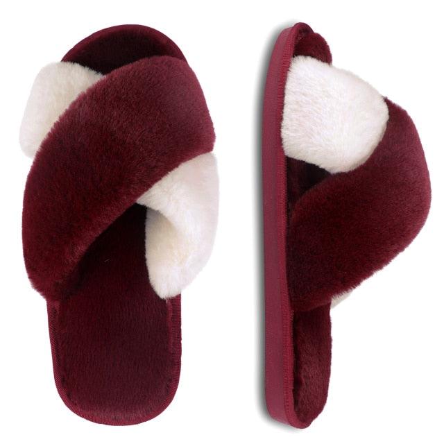 Women's Fluffy Faux Fur Open Toe Slippers, Soft Plush Indoor Slides