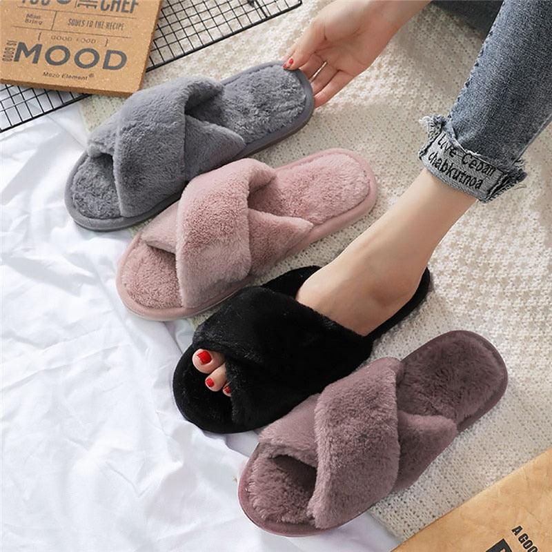 Women's Fluffy Faux Fur Open Toe Slippers, Soft Plush Indoor Slides