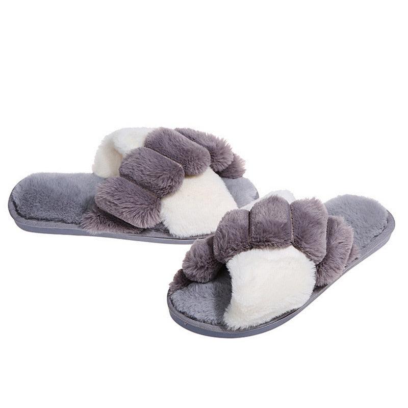 Women's Fluffy Faux Fur Open Toe Slippers, Soft Plush Indoor Slides