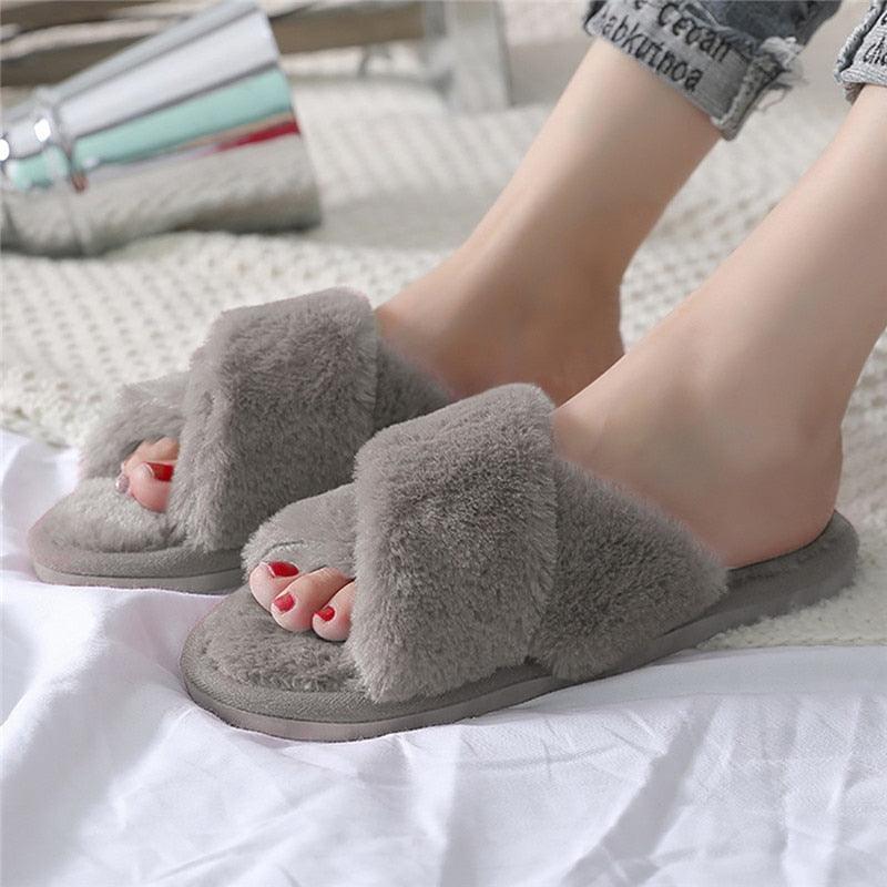 Women's Fluffy Faux Fur Open Toe Slippers, Soft Plush Indoor Slides