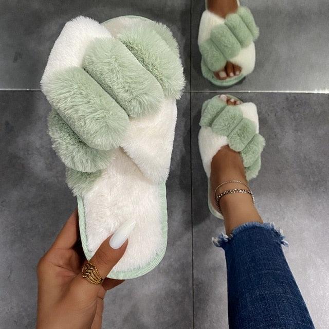 Women's Fluffy Faux Fur Open Toe Slippers, Soft Plush Indoor Slides