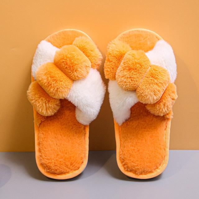 Women's Fluffy Faux Fur Open Toe Slippers, Soft Plush Indoor Slides