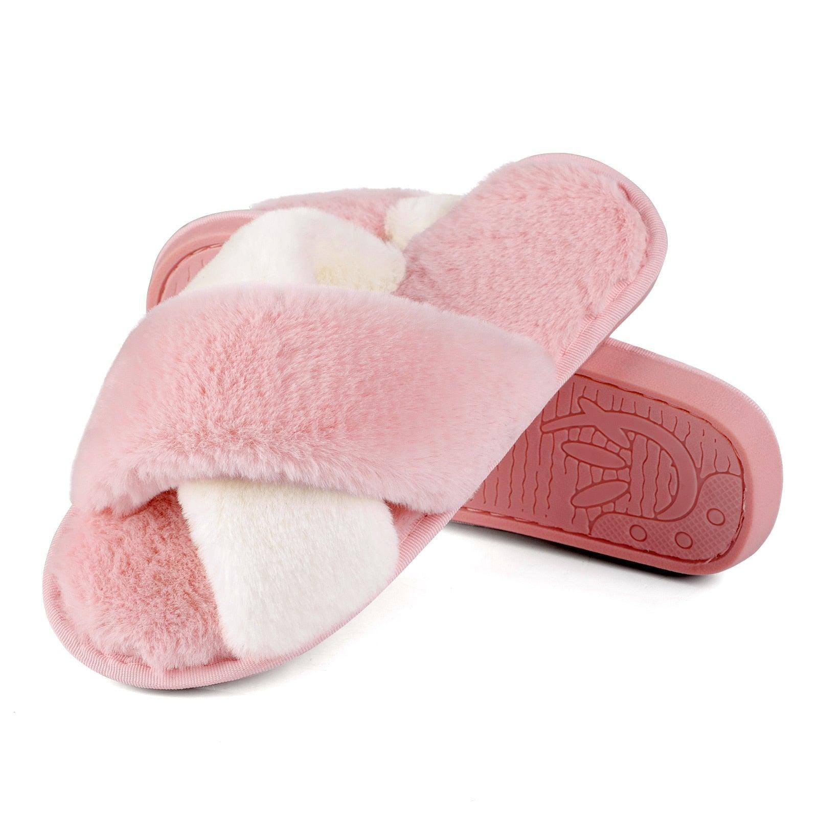 Women's Fluffy Faux Fur Open Toe Slippers, Soft Plush Indoor Slides