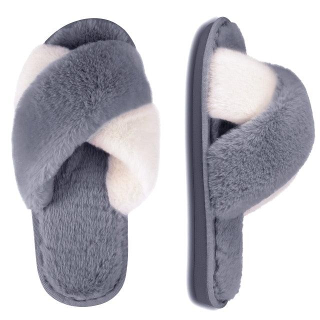 Women's Fluffy Faux Fur Open Toe Slippers, Soft Plush Indoor Slides