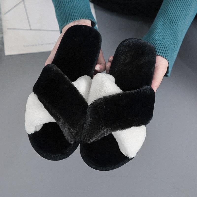 Women's Fluffy Faux Fur Open Toe Slippers, Soft Plush Indoor Slides