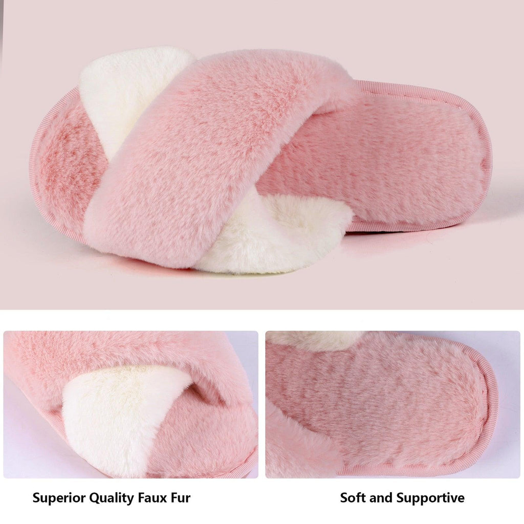 Women's Fluffy Faux Fur Open Toe Slippers, Soft Plush Indoor Slides